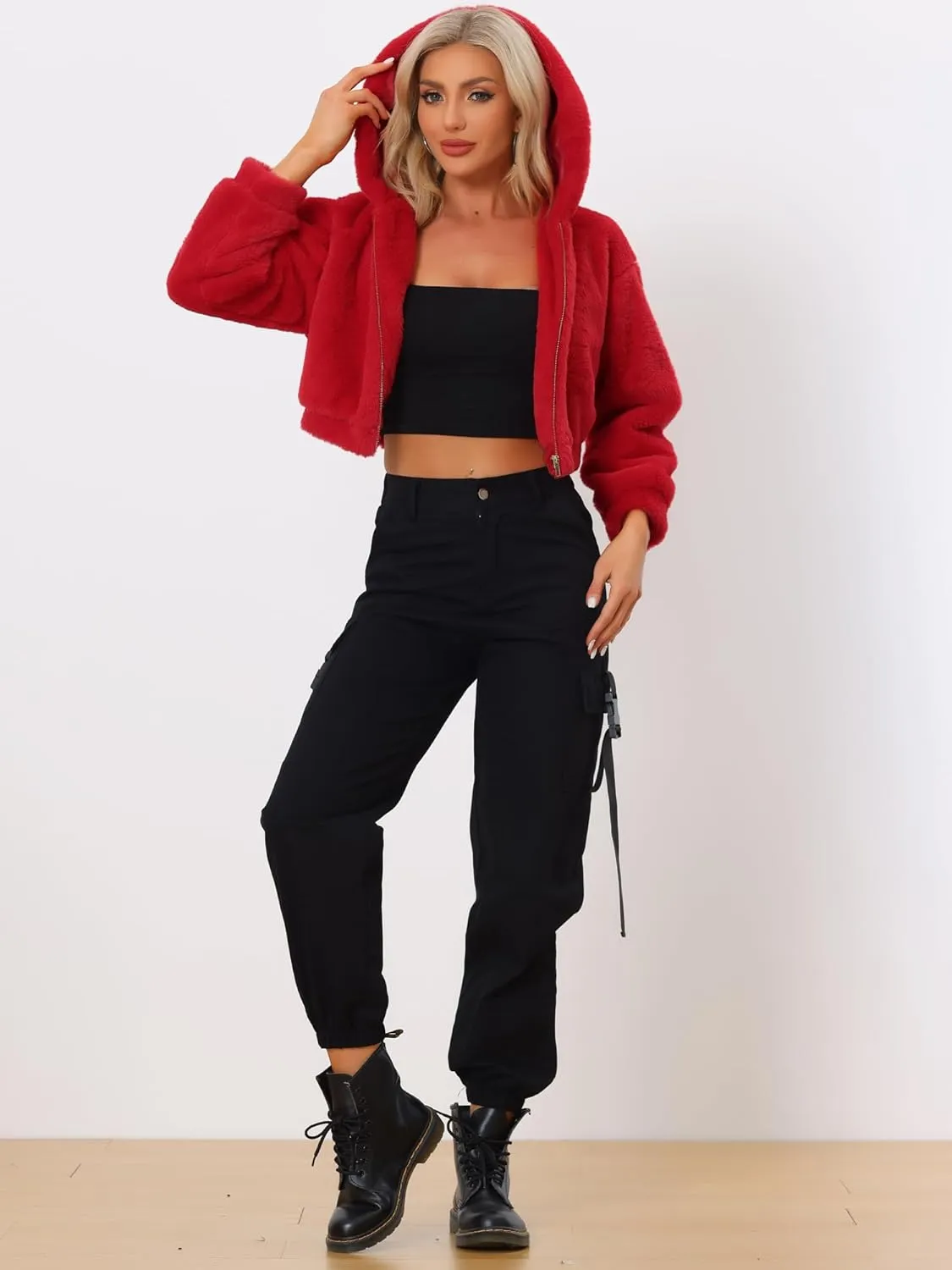 Allegra K Women's Faux Fur Coat Zip Up Casual Fuzzy Fluffy Crop Hooded Jackets
