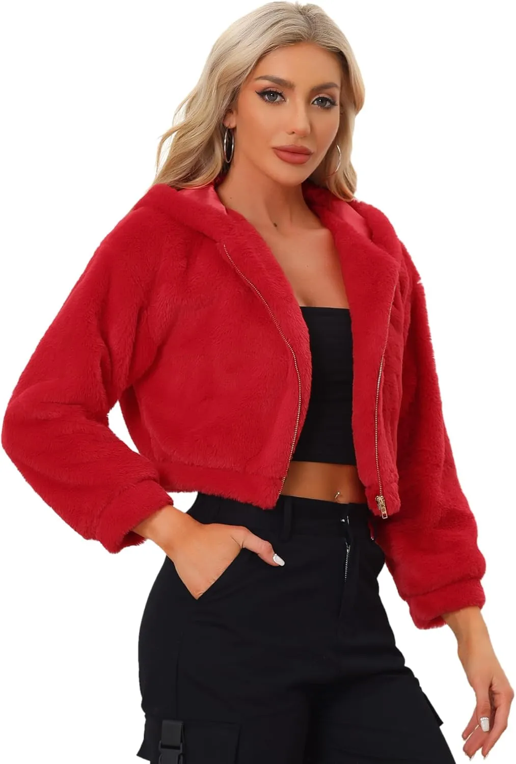 Allegra K Women's Faux Fur Coat Zip Up Casual Fuzzy Fluffy Crop Hooded Jackets