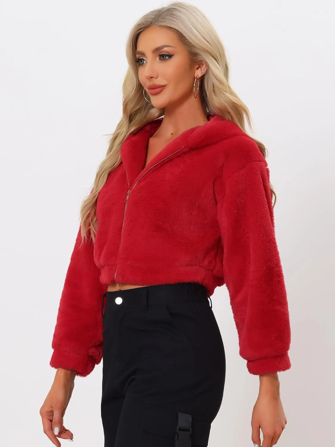 Allegra K Women's Faux Fur Coat Zip Up Casual Fuzzy Fluffy Crop Hooded Jackets