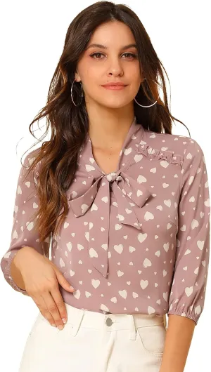 Allegra K Women's Printed Ruffle Shoulder Elastic Cuff Bow Tie Neck Blouse