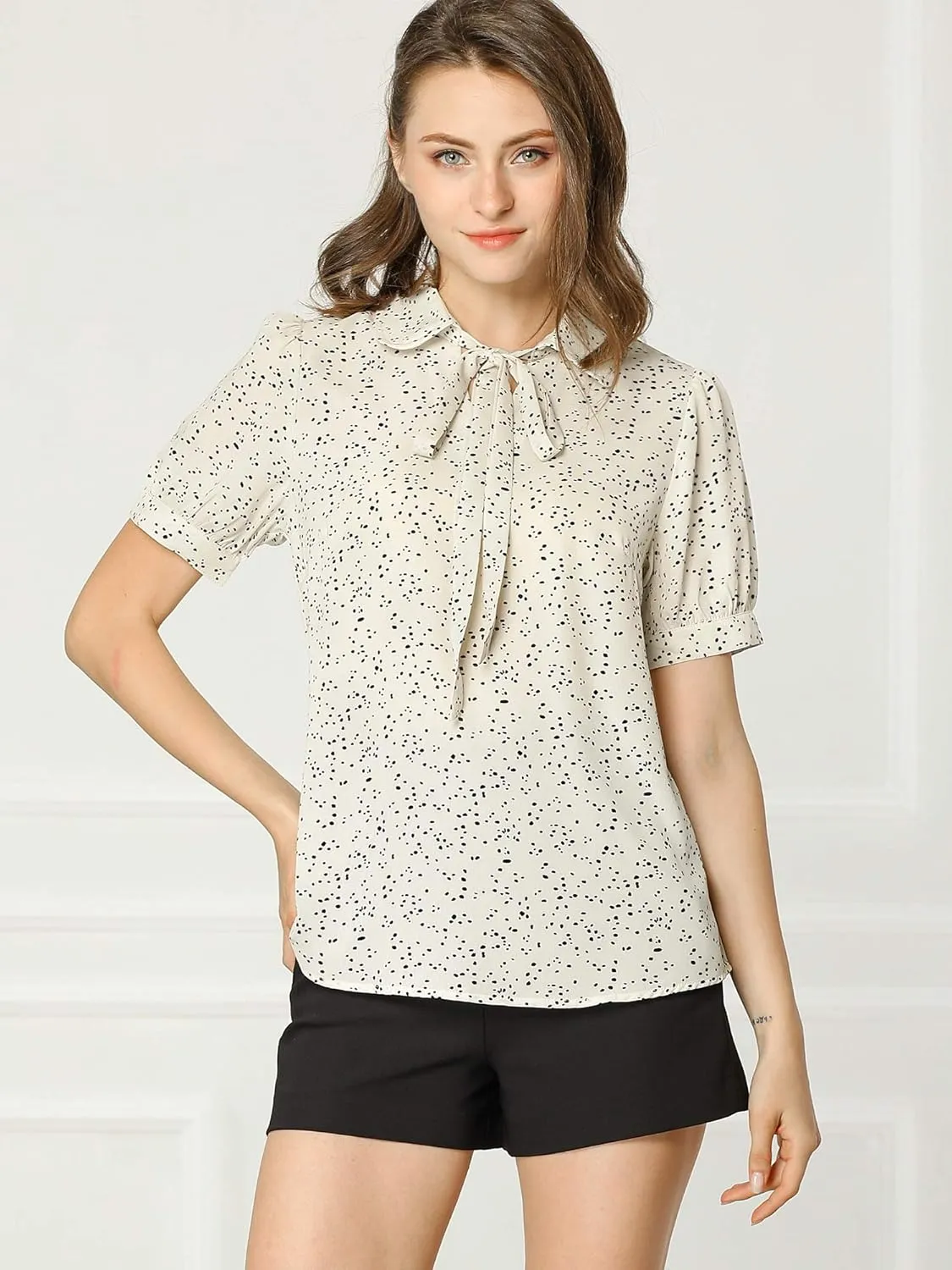 Allegra K Women's Retro Blouses Printed Bow Tie Peter Pan Collar Chiffon Blouse