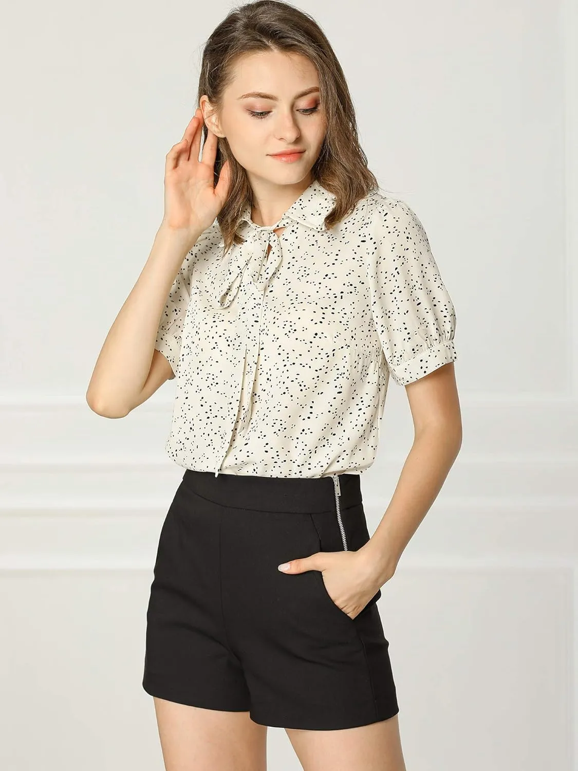 Allegra K Women's Retro Blouses Printed Bow Tie Peter Pan Collar Chiffon Blouse