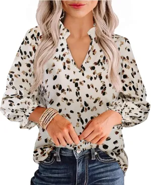 Avanova Women Leopard Print Ruffle V Neck Top 3/4 Long Sleeves Work Business Blouses Shirt