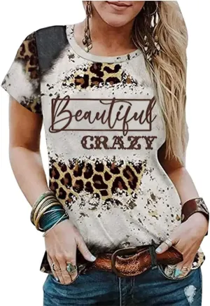 Beautiful Crazy Leopard Bleached T-Shirt Women Western Country Music Shirt Vintage Graphic Country Concert Tee Tops