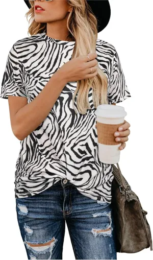 BMJL Women's Casual Cute Shirts Leopard Print Tops Basic Summer Short Sleeve Fashion Soft Blouse Loose Fit Tshirt