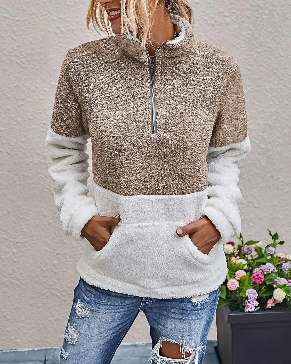 BTFBM Women Sherpa Pullover Quarter Zip Long Sleeve Fluffy Soft Fleece Jackets Sweaters Sweatshirts Hoodies Outwear Coat