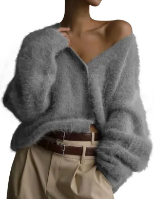COZYPOIN Womens Fuzzy Mohair Cardigan Open Front Button Down V Neck Long Sleeve Sweater Slouchy Drop Shoulder Knit Coat