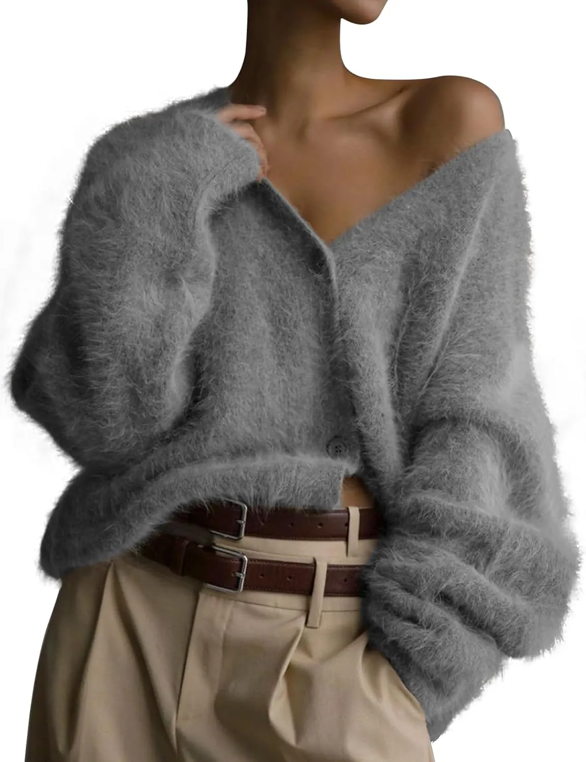 COZYPOIN Womens Fuzzy Mohair Cardigan Open Front Button Down V Neck Long Sleeve Sweater Slouchy Drop Shoulder Knit Coat