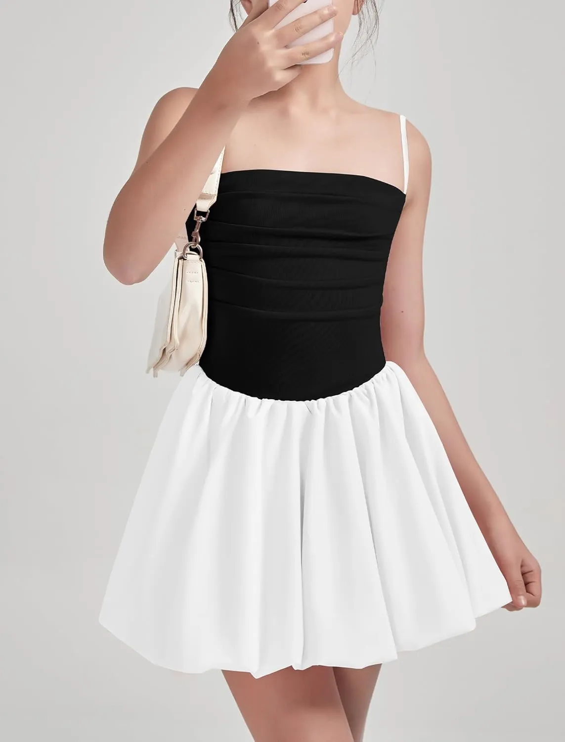 EXARUS Girls Flowy Ruffled Hem/Puff Bubble Dress Ruched Teen Summer Adjustable Spaghetti Strap Casual Cami Mini Dresses