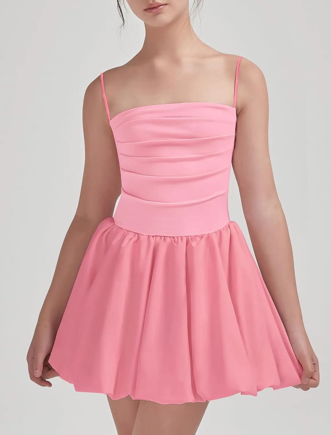 EXARUS Girls Flowy Ruffled Hem/Puff Bubble Dress Ruched Teen Summer Adjustable Spaghetti Strap Casual Cami Mini Dresses
