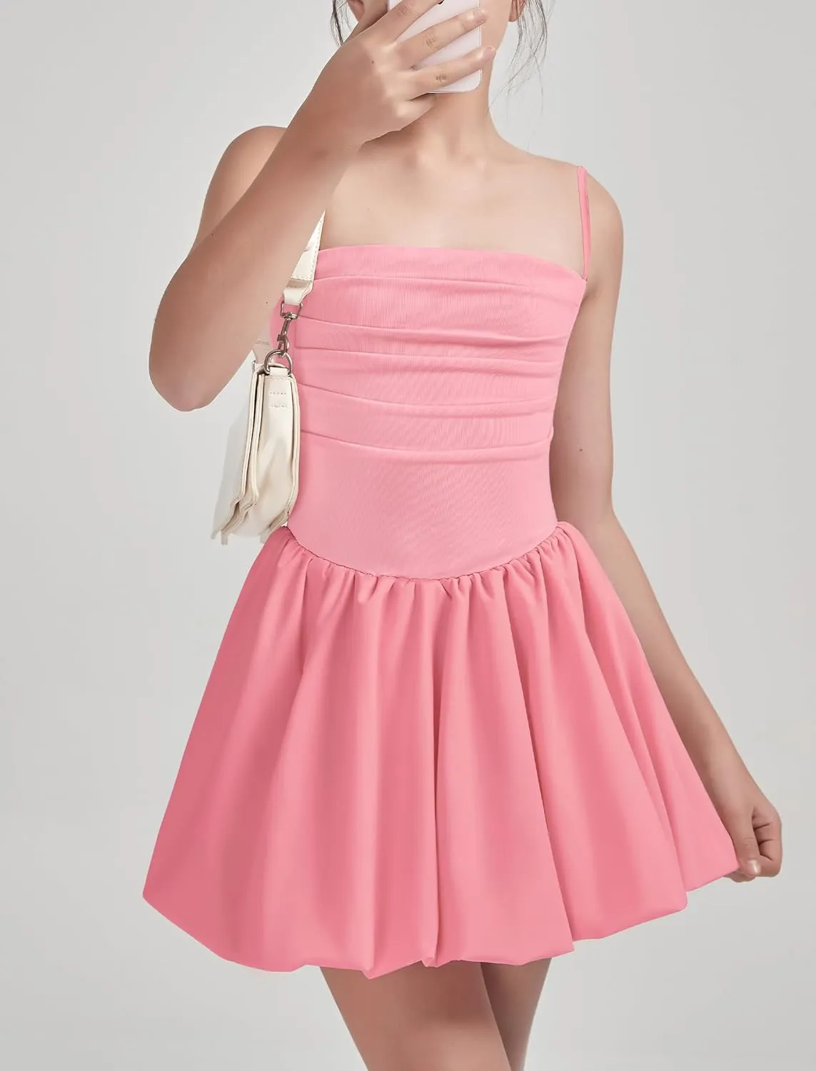 EXARUS Girls Flowy Ruffled Hem/Puff Bubble Dress Ruched Teen Summer Adjustable Spaghetti Strap Casual Cami Mini Dresses