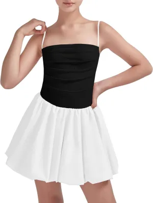 EXARUS Girls Flowy Ruffled Hem/Puff Bubble Dress Ruched Teen Summer Adjustable Spaghetti Strap Casual Cami Mini Dresses