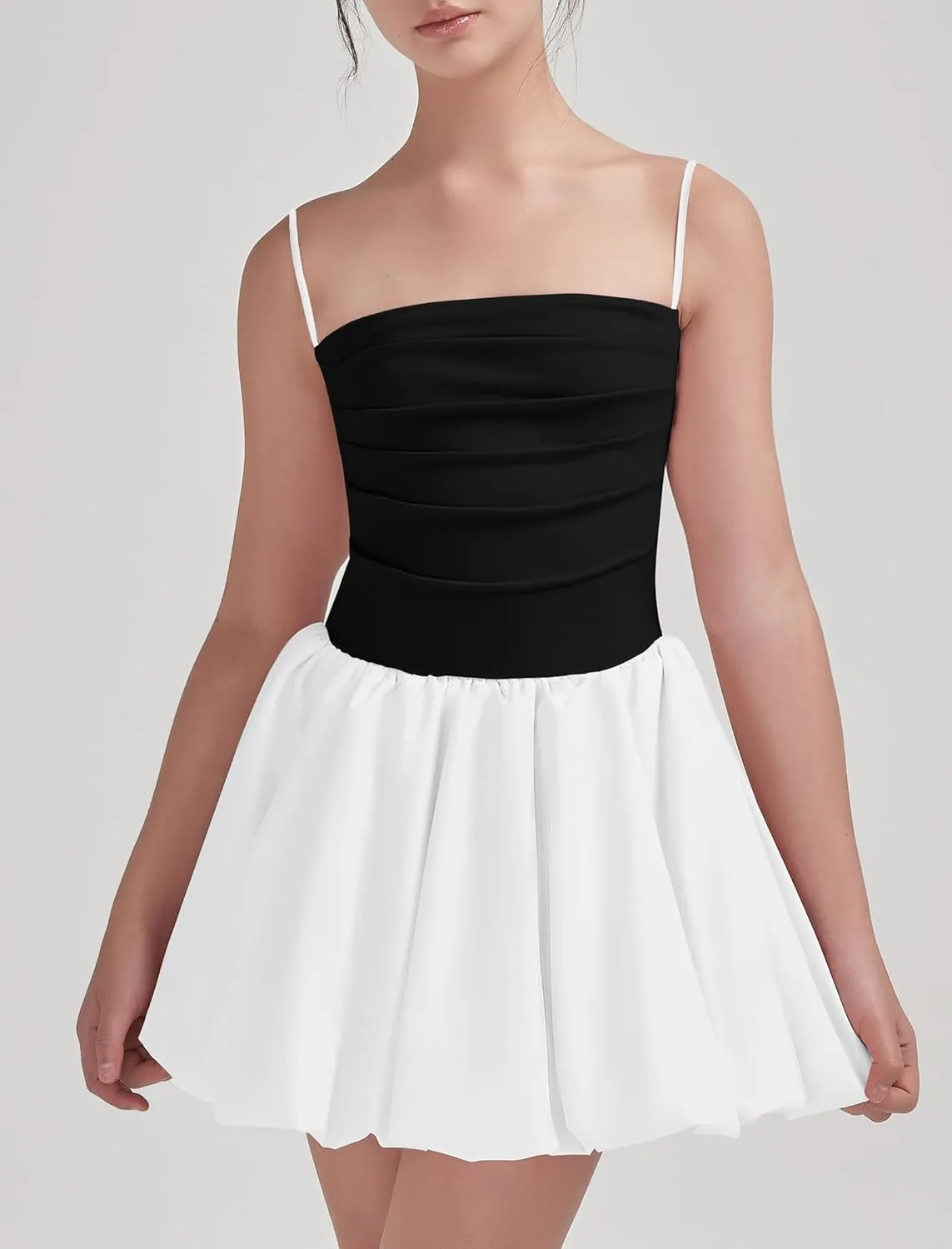 EXARUS Girls Flowy Ruffled Hem/Puff Bubble Dress Ruched Teen Summer Adjustable Spaghetti Strap Casual Cami Mini Dresses