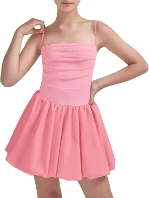 EXARUS Girls Flowy Ruffled Hem/Puff Bubble Dress Ruched Teen Summer Adjustable Spaghetti Strap Casual Cami Mini Dresses