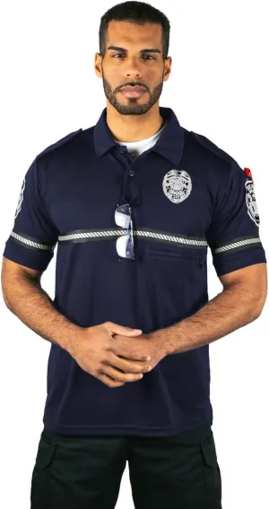 First Class Security Badge and Patch Bike Patrol Polo Shirt with Zipper Pocket and Reflective Hash Stripes
