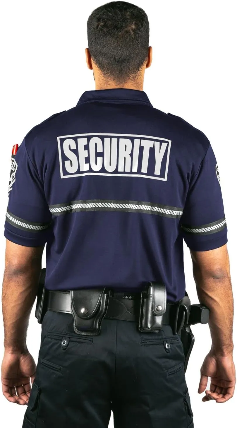 First Class Security Badge and Patch Bike Patrol Polo Shirt with Zipper Pocket and Reflective Hash Stripes