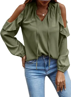 IFFEI Womens Long Sleeve Shirts Dressy Casual Leopard Print Tops Cold Shoulder Ruffle V Neck Loose Fit Blouses