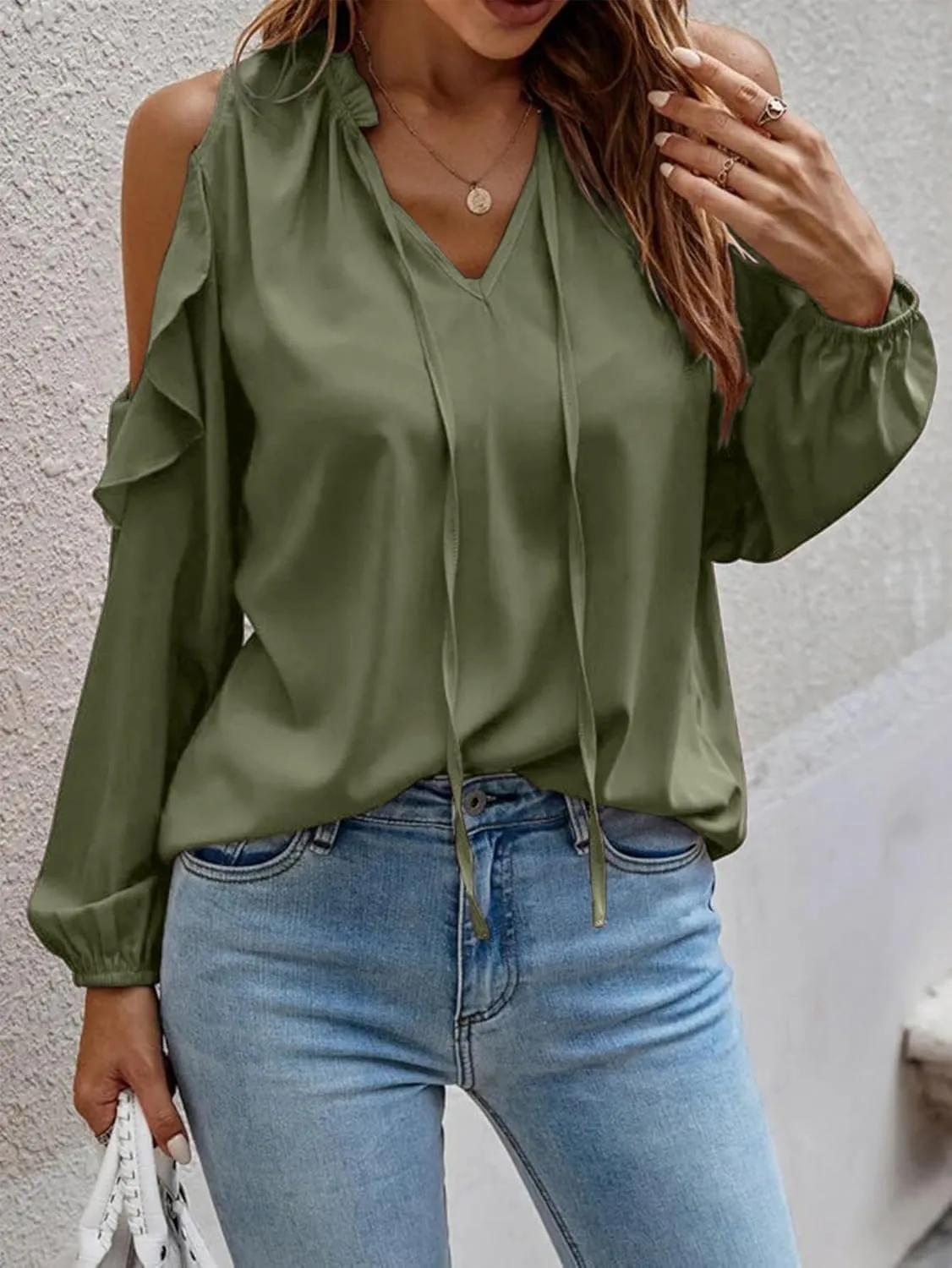IFFEI Womens Long Sleeve Shirts Dressy Casual Leopard Print Tops Cold Shoulder Ruffle V Neck Loose Fit Blouses