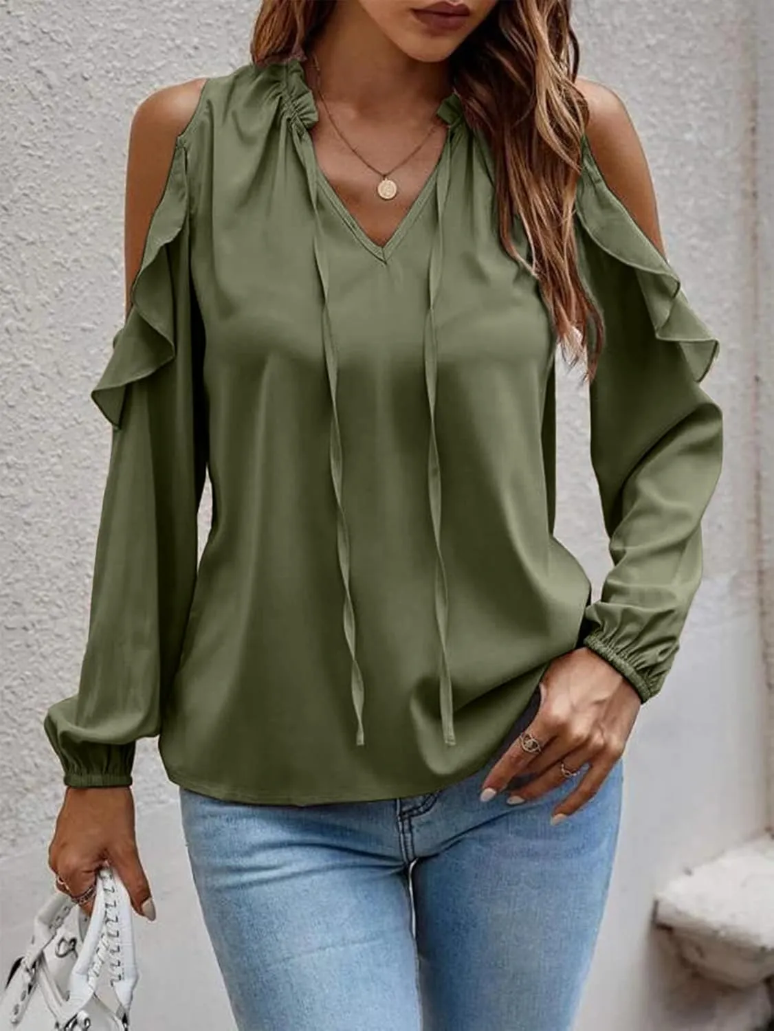 IFFEI Womens Long Sleeve Shirts Dressy Casual Leopard Print Tops Cold Shoulder Ruffle V Neck Loose Fit Blouses