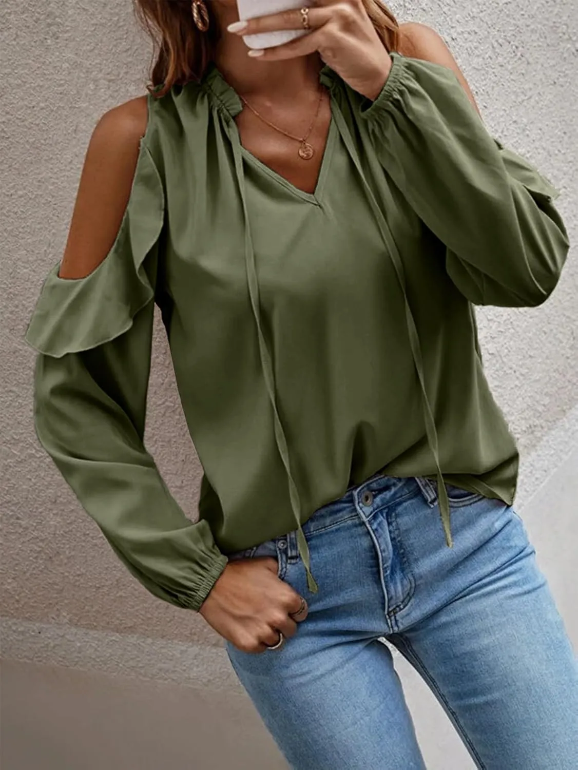 IFFEI Womens Long Sleeve Shirts Dressy Casual Leopard Print Tops Cold Shoulder Ruffle V Neck Loose Fit Blouses
