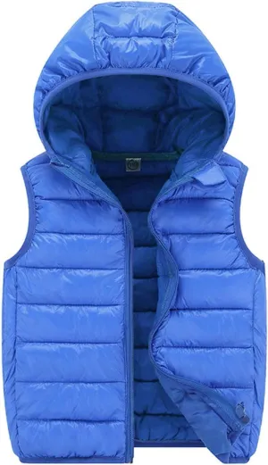 KAGAYD Kids Boys Girls Puffer Hooded Vest Winter Warm Sleeveless Padded Vest Jacket Solid Color Zip-up Outwear