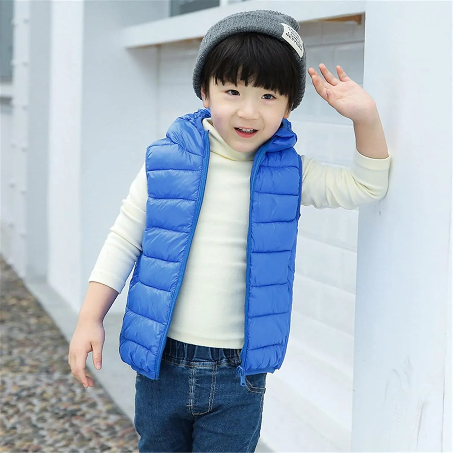 KAGAYD Kids Boys Girls Puffer Hooded Vest Winter Warm Sleeveless Padded Vest Jacket Solid Color Zip-up Outwear