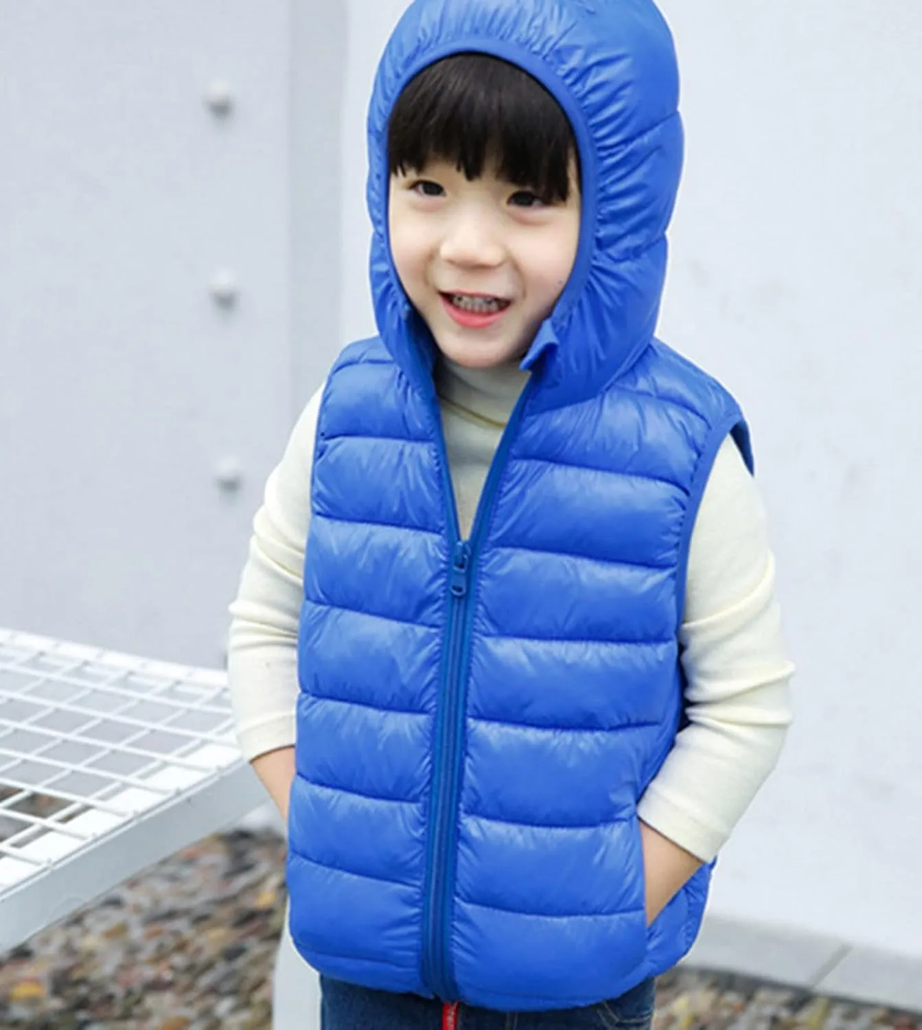 KAGAYD Kids Boys Girls Puffer Hooded Vest Winter Warm Sleeveless Padded Vest Jacket Solid Color Zip-up Outwear
