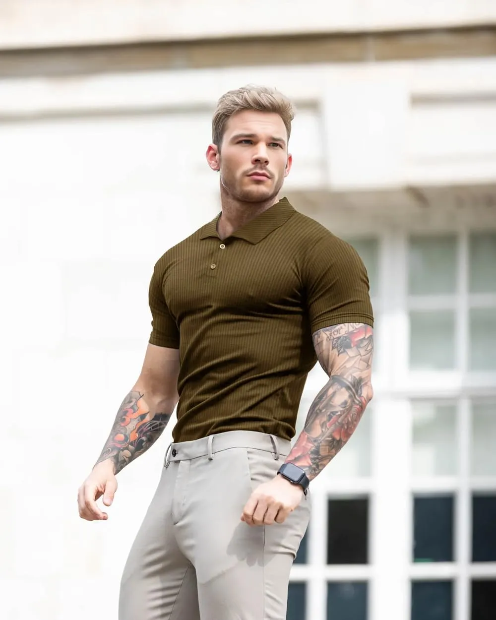Lehmanlin Men's Muscle Polo Shirts Long&Short Sleeve Casual T- Shirts Slim Fit Stretch Ribbed Golf Tops