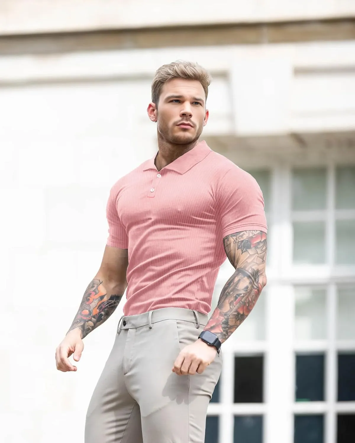 Lehmanlin Men's Muscle Polo Shirts Long&Short Sleeve Casual T- Shirts Slim Fit Stretch Ribbed Golf Tops
