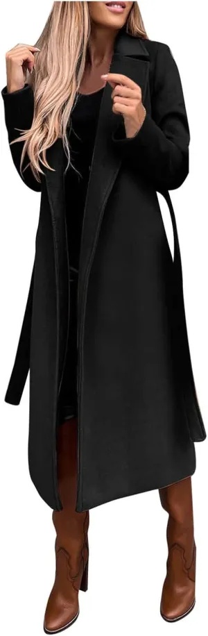 Long Trench Coats For Women Fashion Faux Wool Coat Blouse Thin Solid Jacket Ladies Notch Lapel Overcoat With Belt