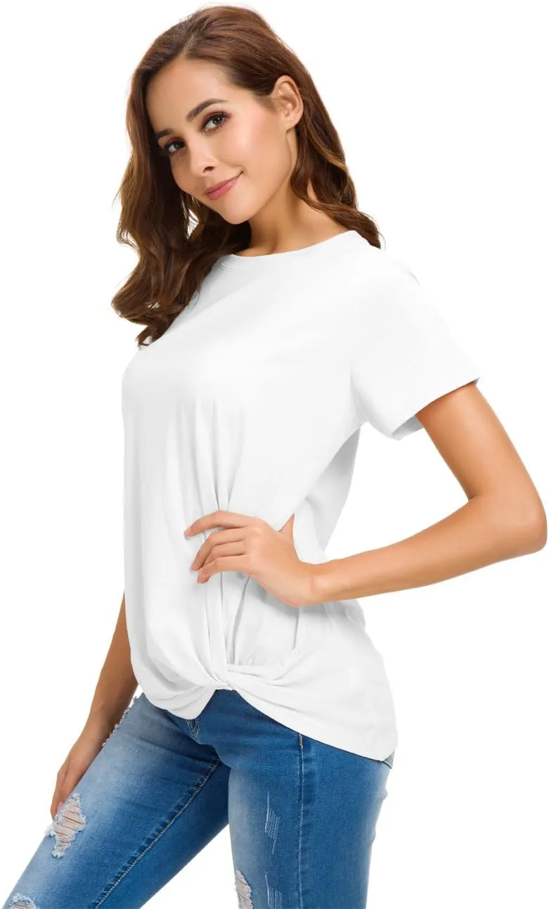 LUSMAY Womens Short Sleeve Loose Twist Knot Front T Shirts Cotton Casual Blouse
