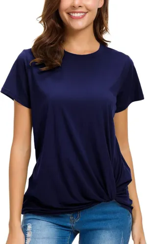LUSMAY Womens Short Sleeve Loose Twist Knot Front T Shirts Cotton Casual Blouse