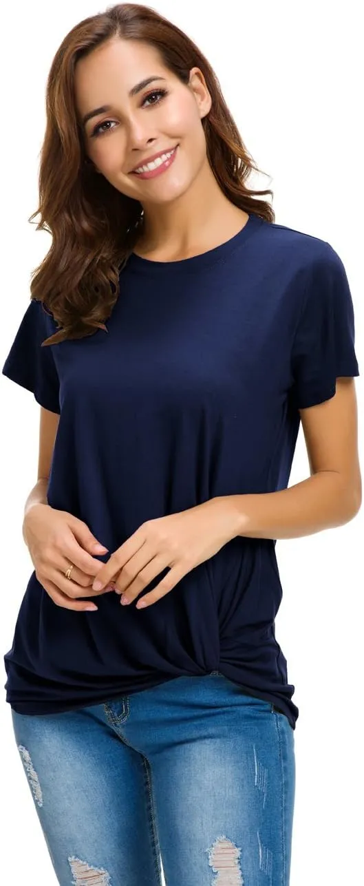LUSMAY Womens Short Sleeve Loose Twist Knot Front T Shirts Cotton Casual Blouse