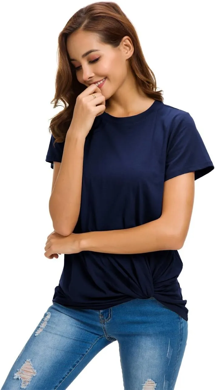 LUSMAY Womens Short Sleeve Loose Twist Knot Front T Shirts Cotton Casual Blouse