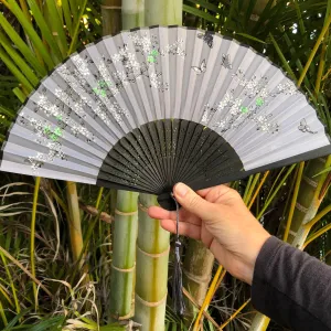 Luxury Black Bamboo Silk Fan - blossoms with 4 butterflies