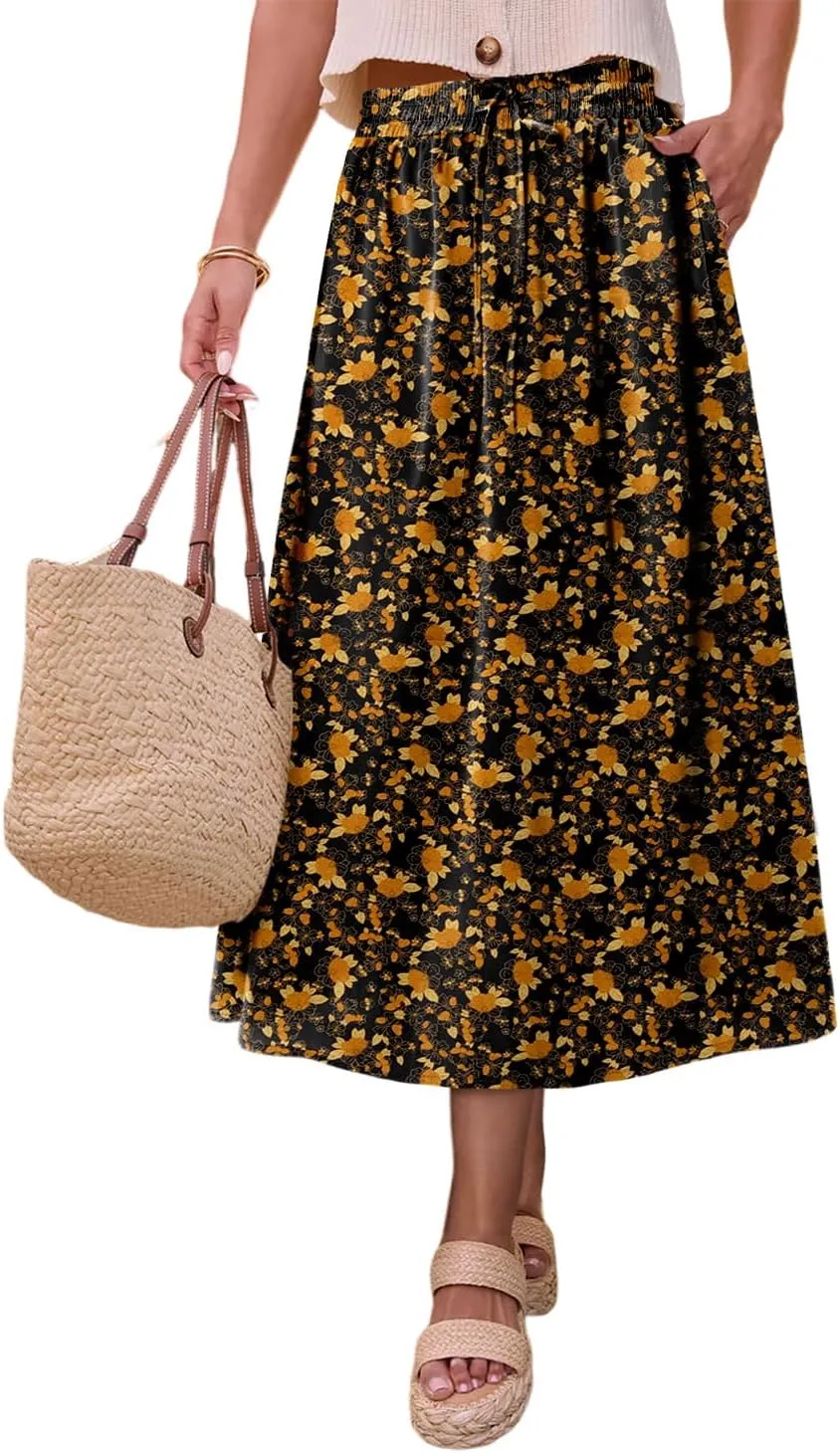 Magritta Women's Print Midi Skirt with Pocket Elastic High Waist 2025 Trendy A-Line Bohe Leopardr Swing Skirts for Women