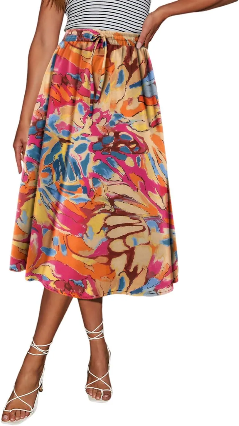 Magritta Women's Print Midi Skirt with Pocket Elastic High Waist 2025 Trendy A-Line Bohe Leopardr Swing Skirts for Women