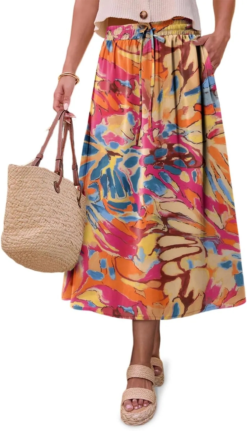 Magritta Women's Print Midi Skirt with Pocket Elastic High Waist 2025 Trendy A-Line Bohe Leopardr Swing Skirts for Women