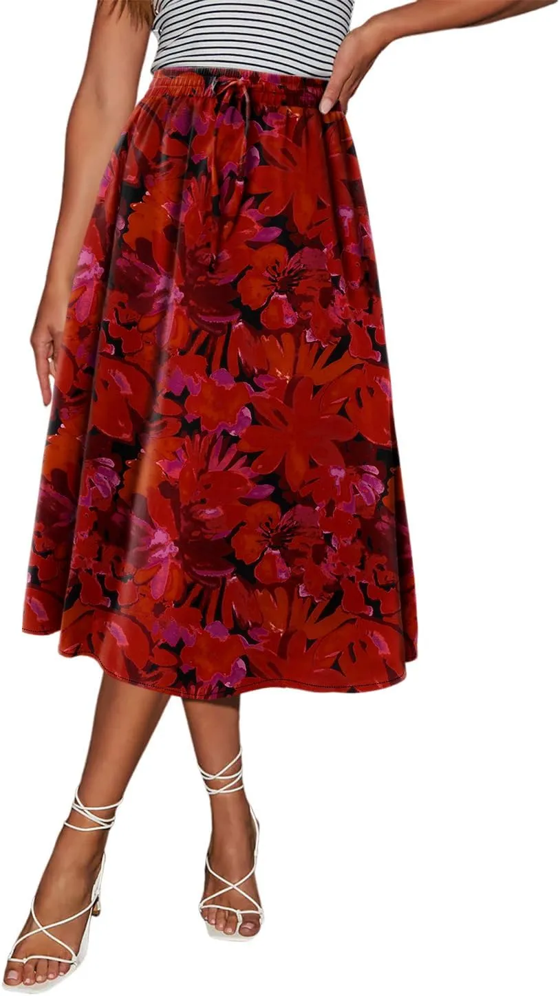 Magritta Women's Print Midi Skirt with Pocket Elastic High Waist 2025 Trendy A-Line Bohe Leopardr Swing Skirts for Women
