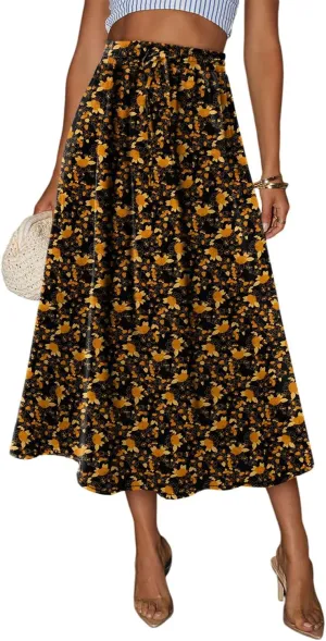 Magritta Women's Print Midi Skirt with Pocket Elastic High Waist 2025 Trendy A-Line Bohe Leopardr Swing Skirts for Women