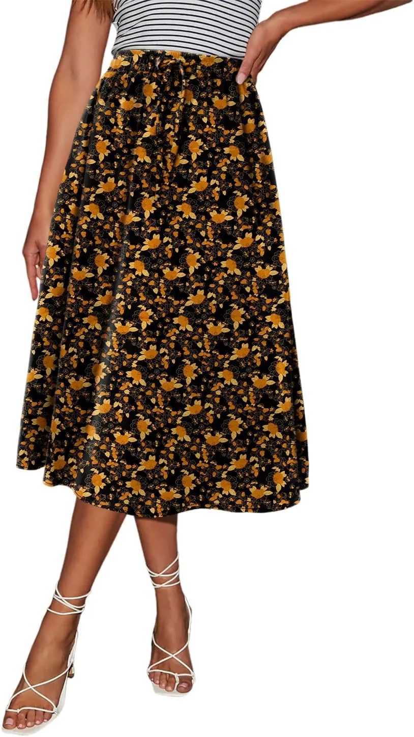 Magritta Women's Print Midi Skirt with Pocket Elastic High Waist 2025 Trendy A-Line Bohe Leopardr Swing Skirts for Women