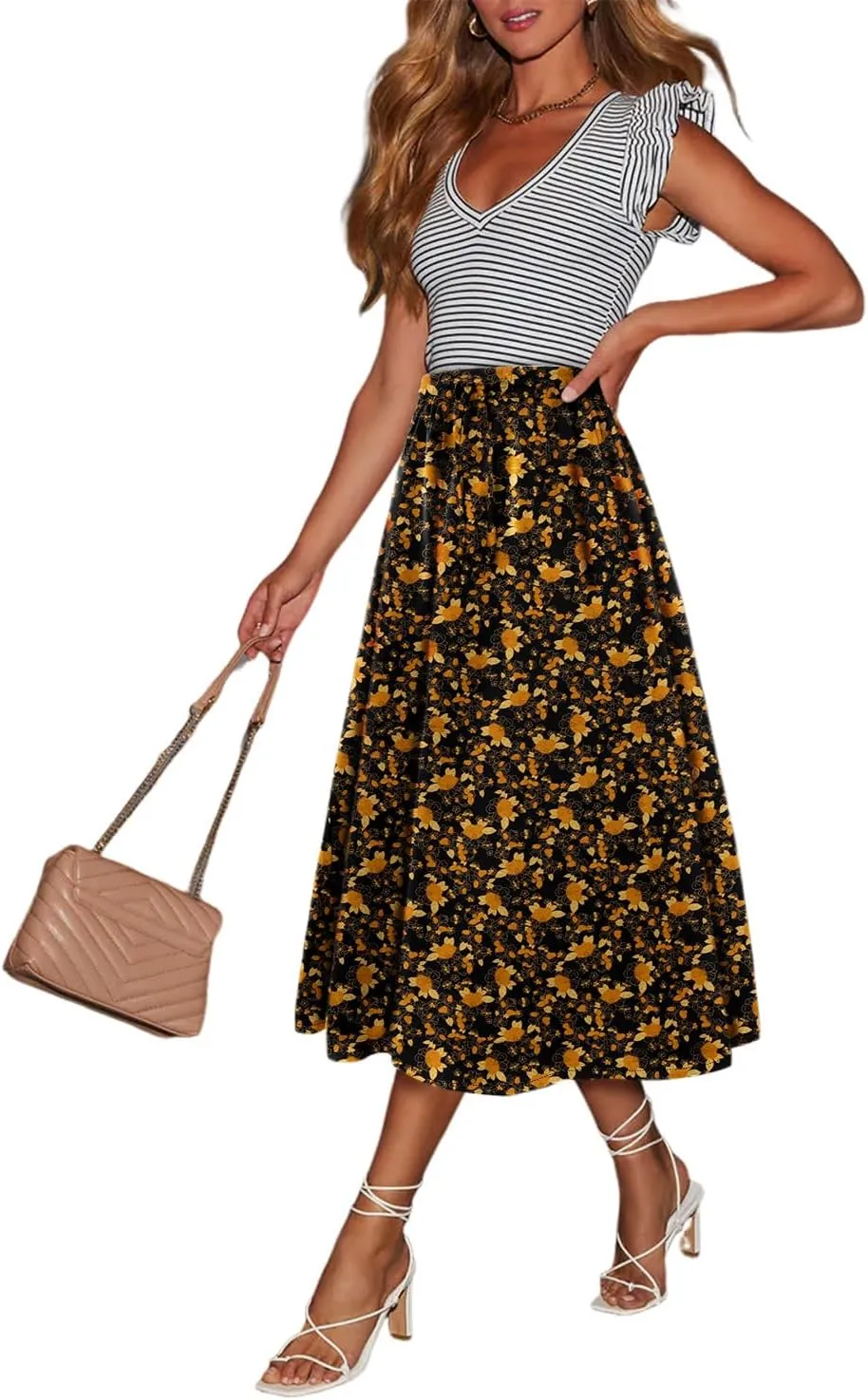 Magritta Women's Print Midi Skirt with Pocket Elastic High Waist 2025 Trendy A-Line Bohe Leopardr Swing Skirts for Women