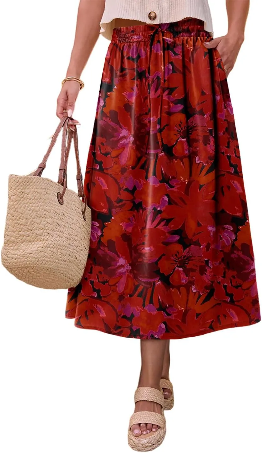 Magritta Women's Print Midi Skirt with Pocket Elastic High Waist 2025 Trendy A-Line Bohe Leopardr Swing Skirts for Women