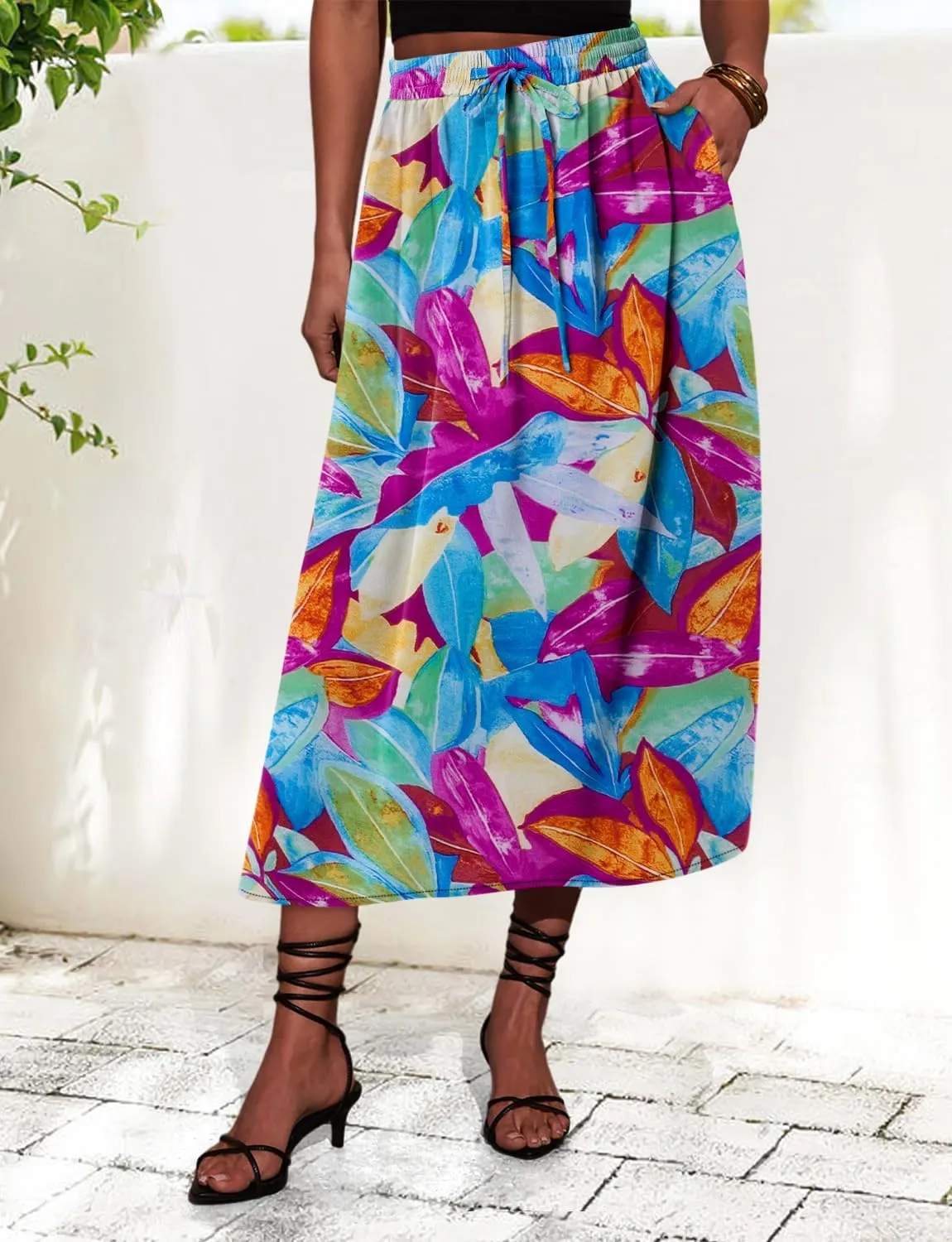Magritta Women's Print Midi Skirt with Pocket Elastic High Waist 2025 Trendy A-Line Bohe Leopardr Swing Skirts for Women