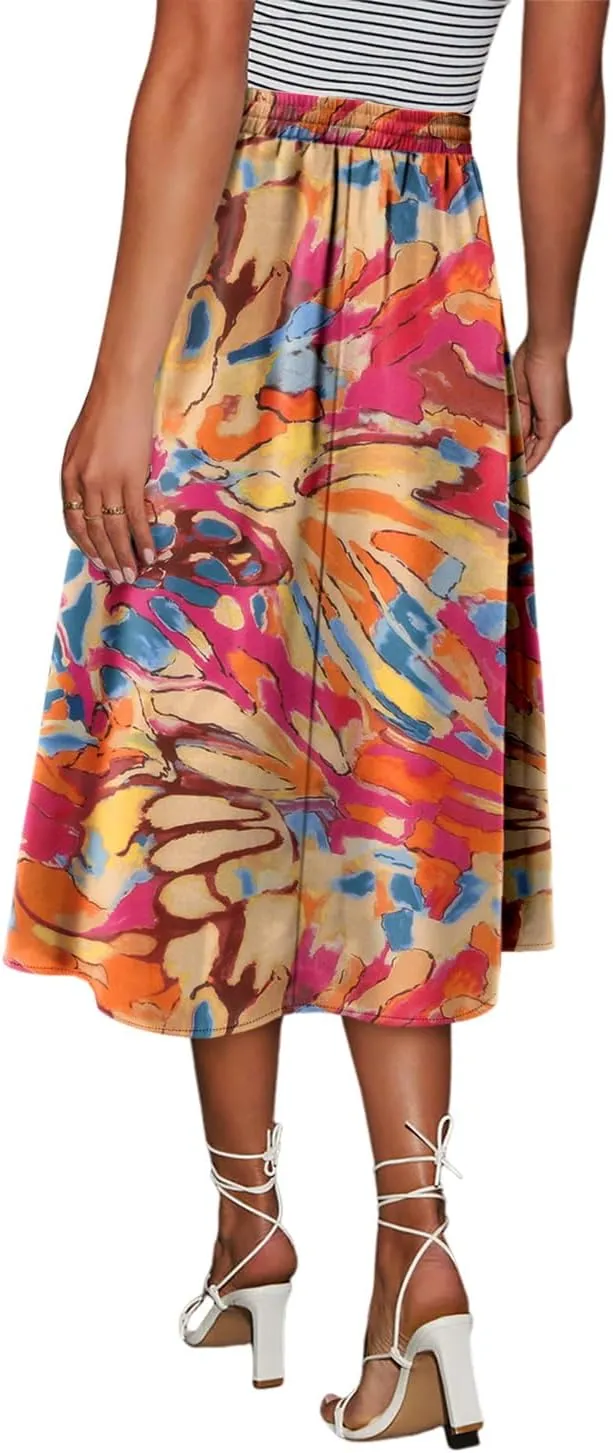 Magritta Women's Print Midi Skirt with Pocket Elastic High Waist 2025 Trendy A-Line Bohe Leopardr Swing Skirts for Women