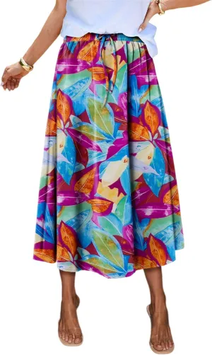 Magritta Women's Print Midi Skirt with Pocket Elastic High Waist 2025 Trendy A-Line Bohe Leopardr Swing Skirts for Women