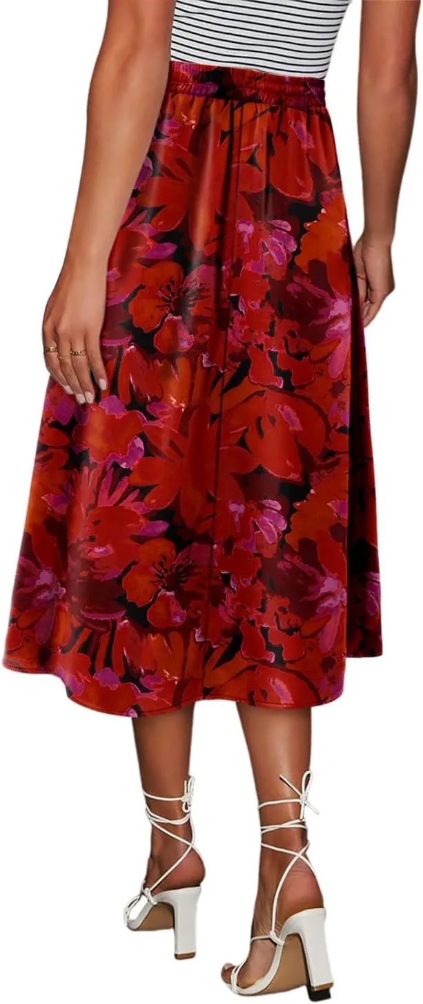 Magritta Women's Print Midi Skirt with Pocket Elastic High Waist 2025 Trendy A-Line Bohe Leopardr Swing Skirts for Women