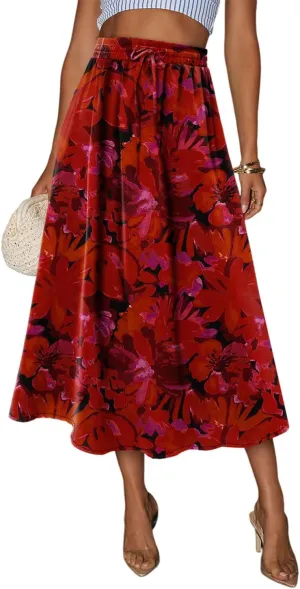 Magritta Women's Print Midi Skirt with Pocket Elastic High Waist 2025 Trendy A-Line Bohe Leopardr Swing Skirts for Women