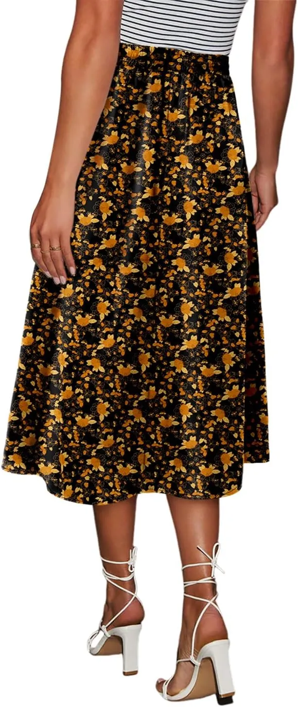 Magritta Women's Print Midi Skirt with Pocket Elastic High Waist 2025 Trendy A-Line Bohe Leopardr Swing Skirts for Women