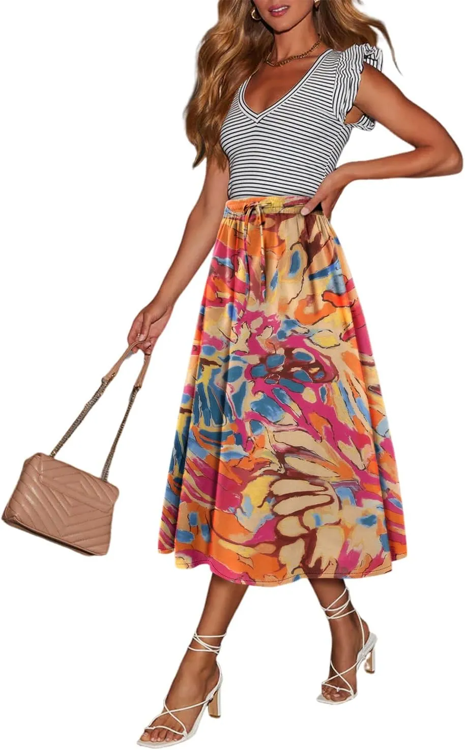 Magritta Women's Print Midi Skirt with Pocket Elastic High Waist 2025 Trendy A-Line Bohe Leopardr Swing Skirts for Women